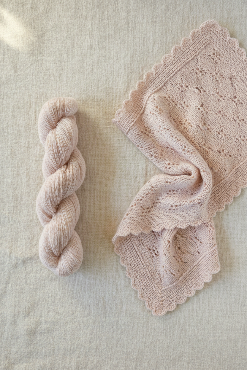 Close-up of a hand knit reclaimed cashmere baby blanket in a luminous pastel peach color. The draped blanket is placed beside a twisted skein of yarn in the same reclaimed cashmere. The soft halo of cashmere fibres lays against a textured cream cotton background.