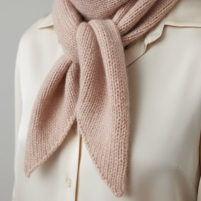 Close-up of a hand knit reclaimed cashmere triangle scarf in a luminous pastel peach. The scarf is wrapped around the neck of a model wearing a cream silk button down shirt. 