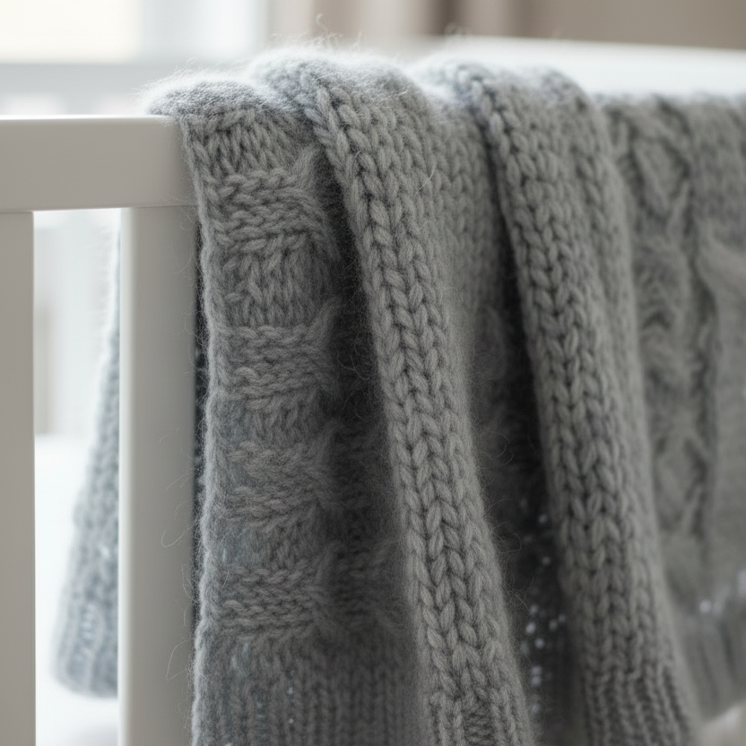 Close-up of a hand knit reclaimed cashmere baby blanket in a pearl gray color. The blanket is draped over white wooden crib rails and a soft halo of cashmere fibres against a sunny background.