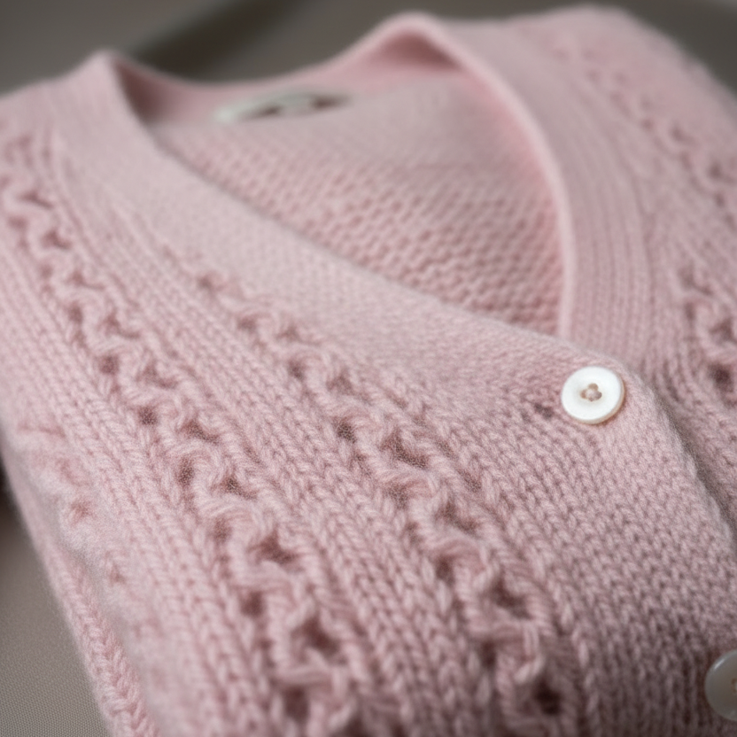Close-up of a hand knit reclaimed cashmere cardigan in a vibrant blush pink color. The folded cardigan features cream mother-of-pearl buttons and a soft halo of cashmere fibres against a smooth taupe brown background. 