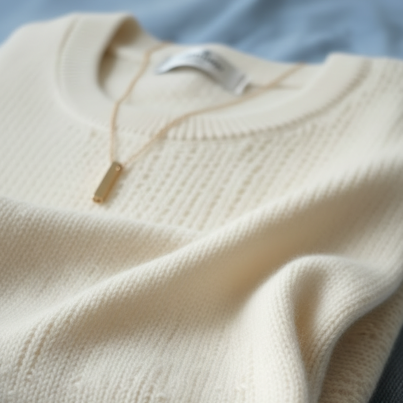Close-up of a hand knit reclaimed cashmere top in a soft cream color. The folded tshirt features a soft halo of cashmere fibres with a minimal gold necklace against a light blue denim background.